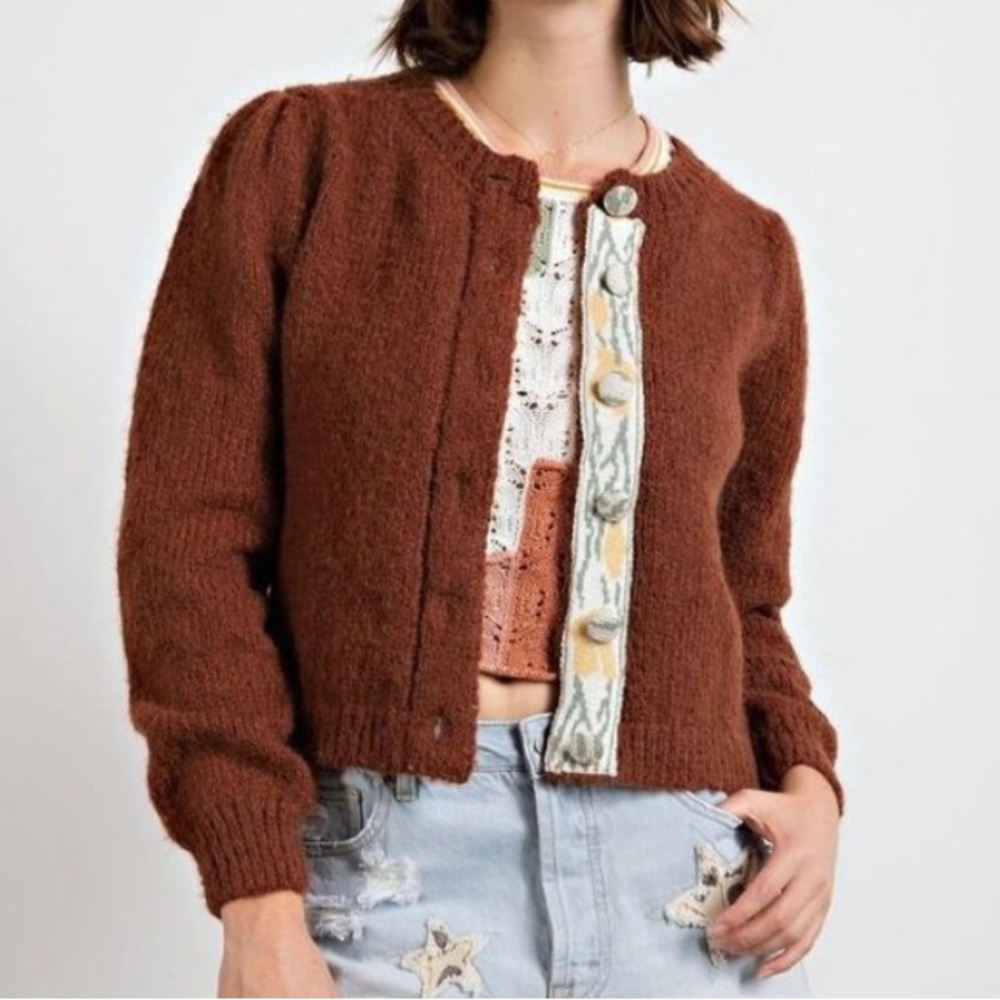 Easel Button Down Knitted Round Neck Cardigan Sweater In Brown. NWT! Sz M